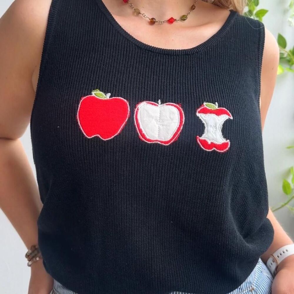 Upcycled Patchwork Embroidered Apples Black Knit Tank Top